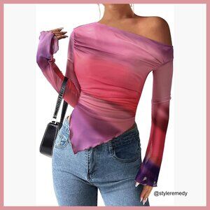Off Shoulder Mesh Blouse with Floral Tie Dye and Ruched Detail